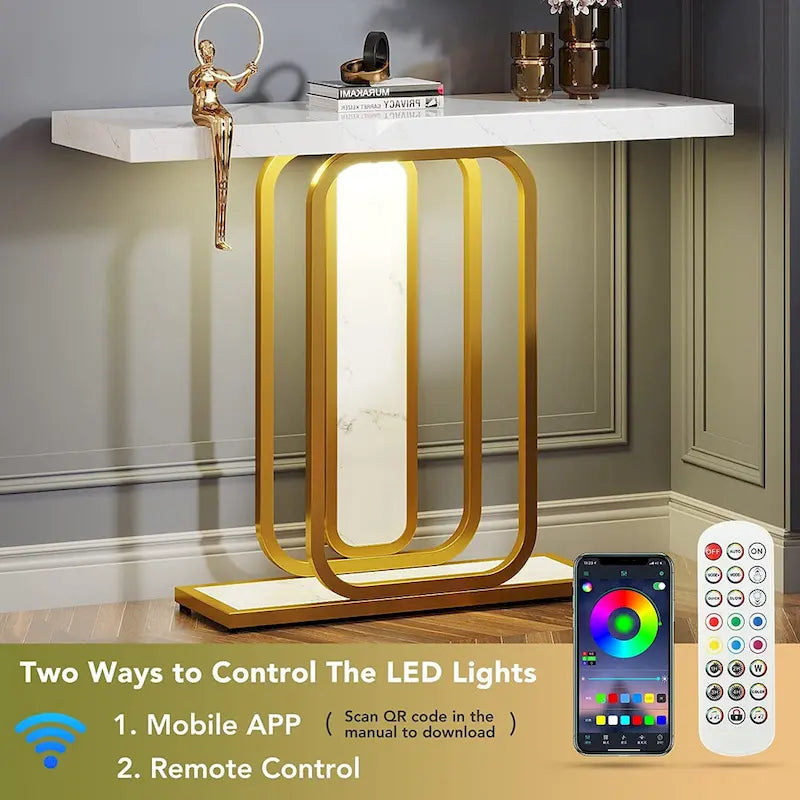 41.3  Console Table with LED Lights, Modern Gold White Entryway Hallway Accent Table