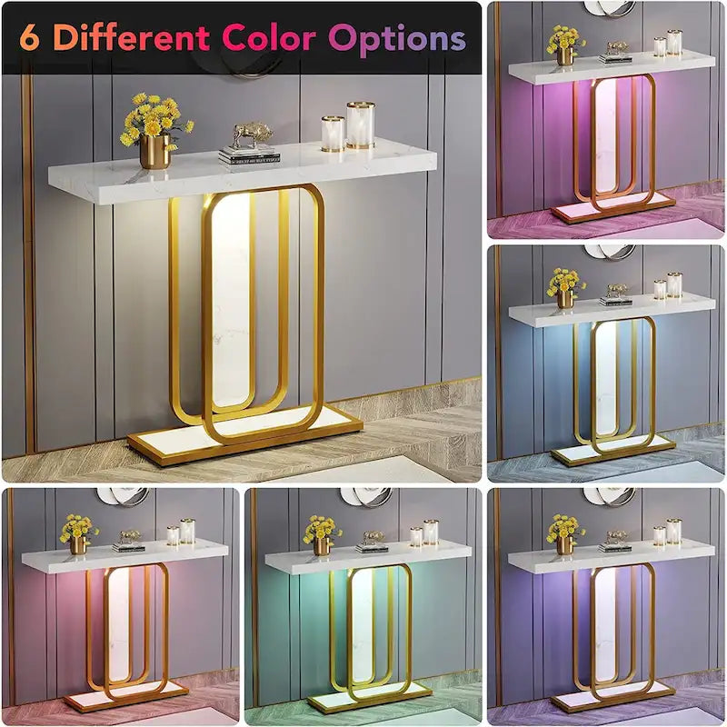 41.3  Console Table with LED Lights, Modern Gold White Entryway Hallway Accent Table