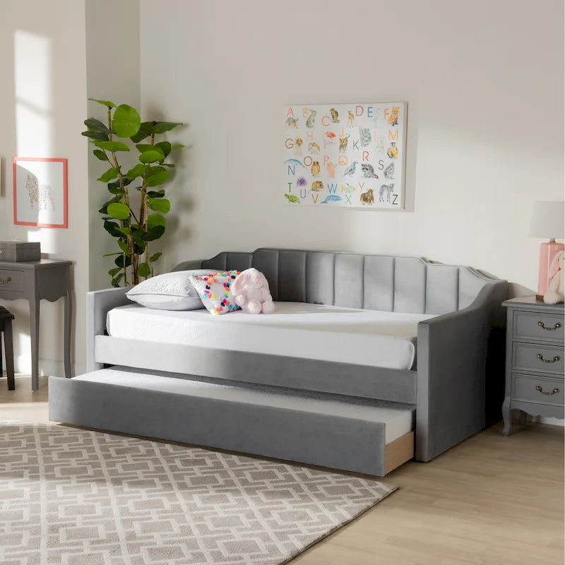 Lennon Modern and Contemporary Velvet Fabric Daybed with Trundle