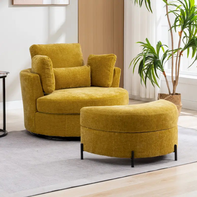 42.3 W Upholstered Swivel Accent Chair with 4 Pillows and Half-Moon Storage Ottoman