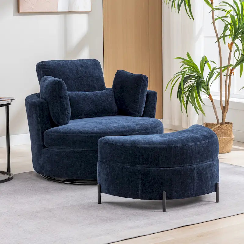 42.3 W Upholstered Swivel Accent Chair with 4 Pillows and Half-Moon Storage Ottoman