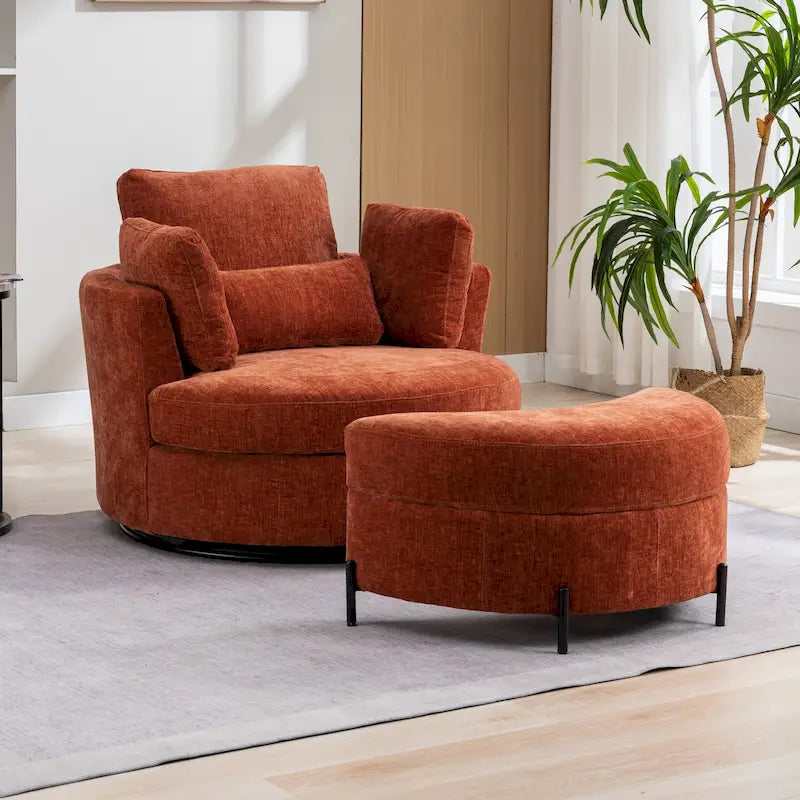 42.3 W Upholstered Swivel Accent Chair with 4 Pillows and Half-Moon Storage Ottoman