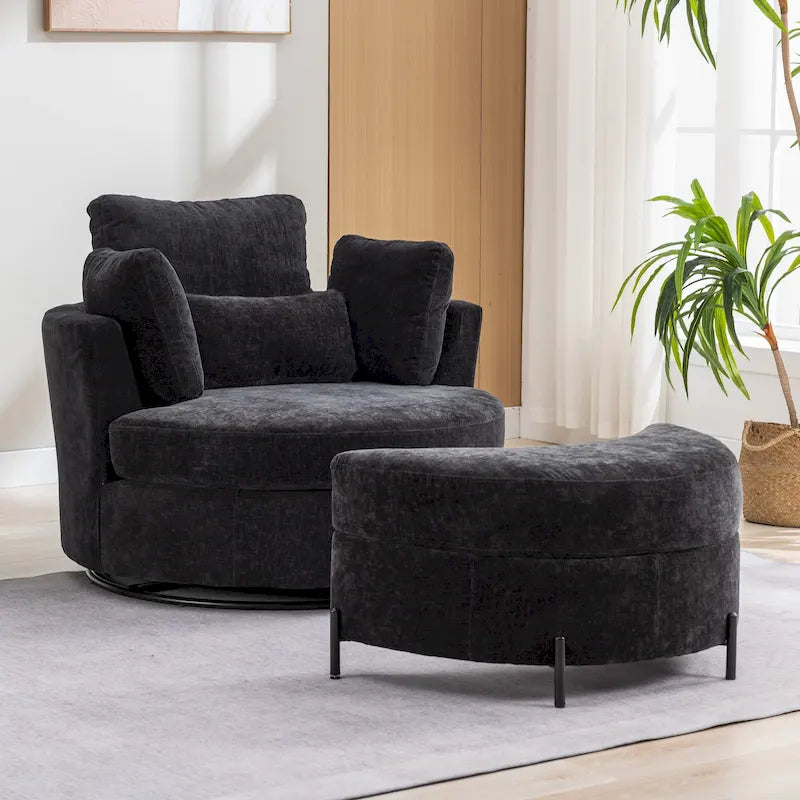 42.3 W Upholstered Swivel Accent Chair with 4 Pillows and Half-Moon Storage Ottoman