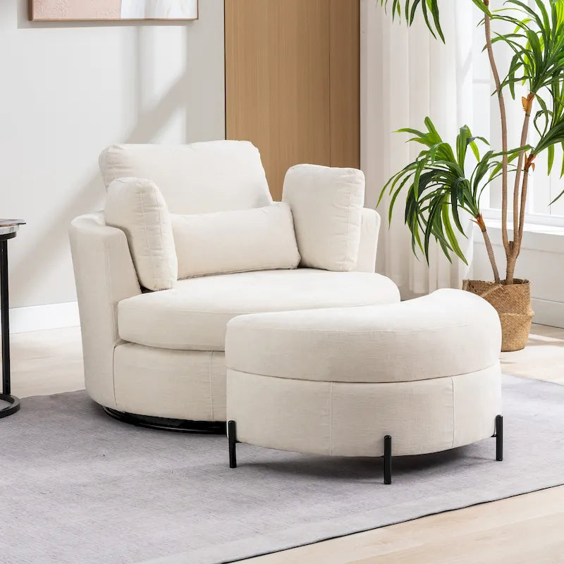 42.3 W Upholstered Swivel Accent Chair with 4 Pillows and Half-Moon Storage Ottoman