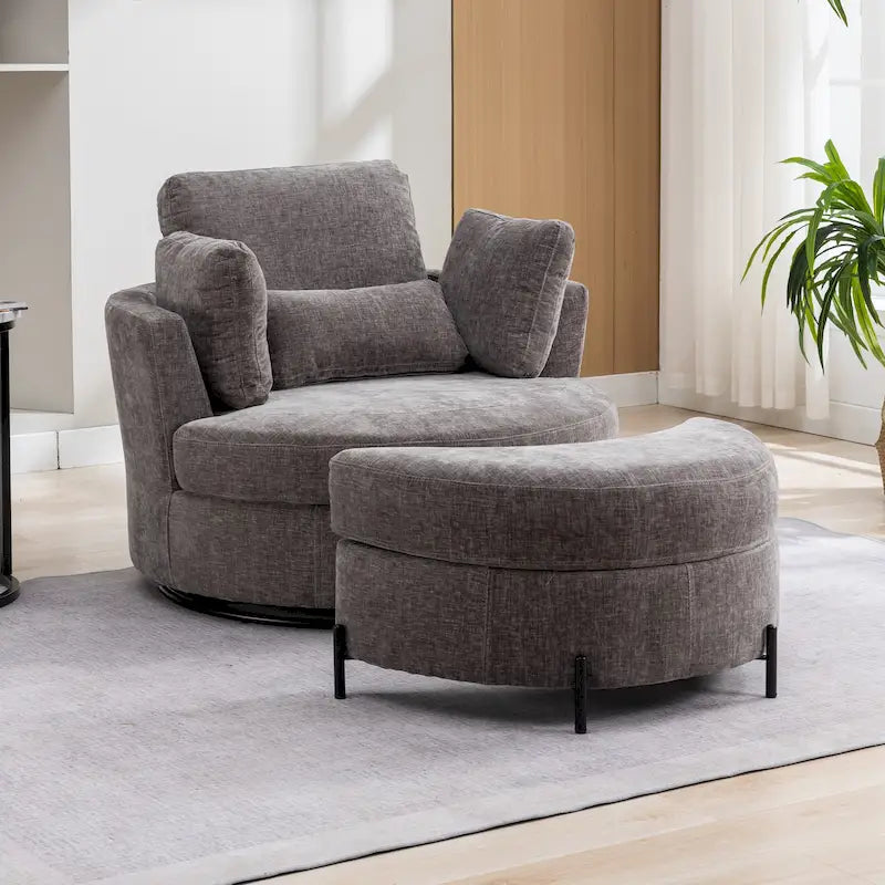 42.3 W Upholstered Swivel Accent Chair with 4 Pillows and Half-Moon Storage Ottoman