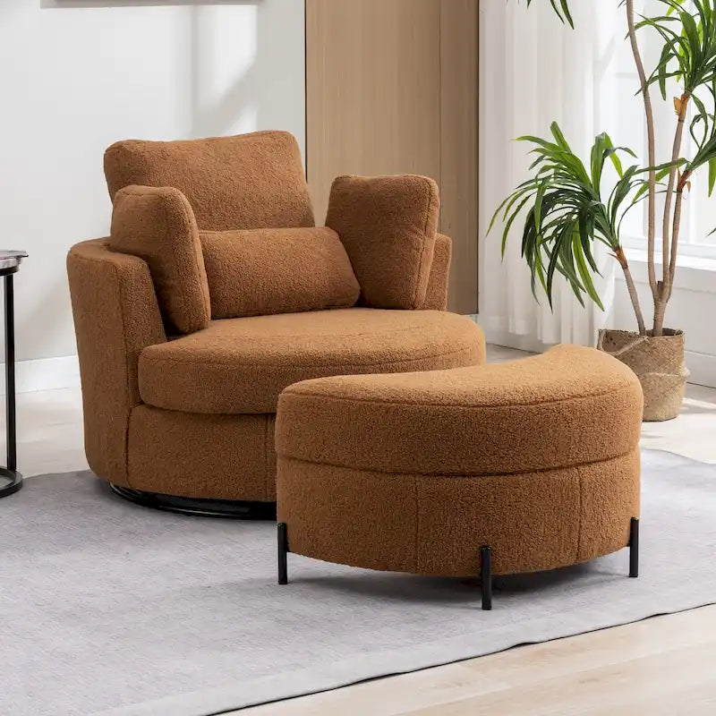 42.3 W Upholstered Swivel Accent Chair with 4 Pillows and Half-Moon Storage Ottoman
