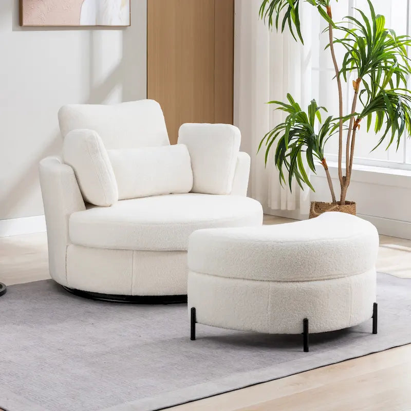 42.3 W Upholstered Swivel Accent Chair with 4 Pillows and Half-Moon Storage Ottoman