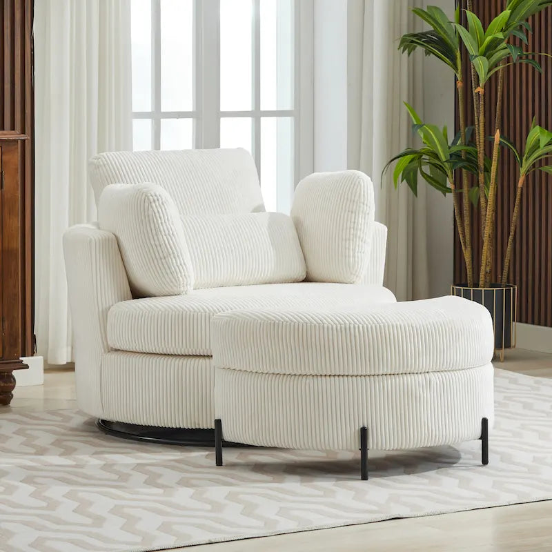 42.3 W Upholstered Swivel Accent Chair with 4 Pillows and Half-Moon Storage Ottoman