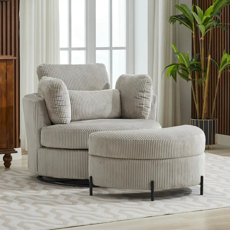 42.3 W Upholstered Swivel Accent Chair with 4 Pillows and Half-Moon Storage Ottoman