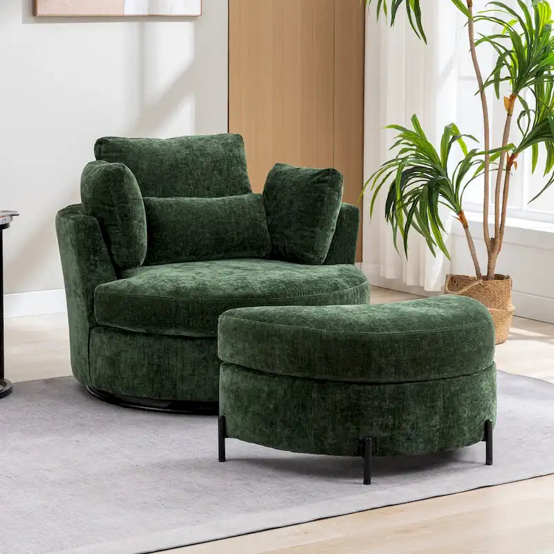42.3 W Upholstered Swivel Accent Chair with 4 Pillows and Half-Moon Storage Ottoman