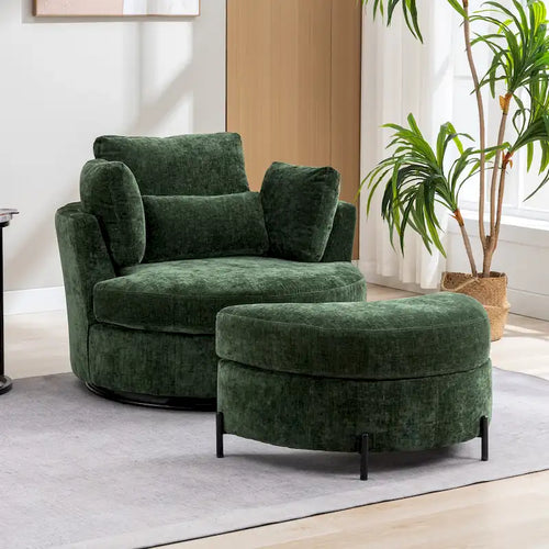 42.3 W Upholstered Swivel Accent Chair with 4 Pillows and Half-Moon Storage Ottoman