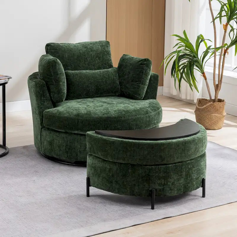 42.3 W Upholstered Swivel Accent Chair with 4 Pillows and Half-Moon Storage Ottoman