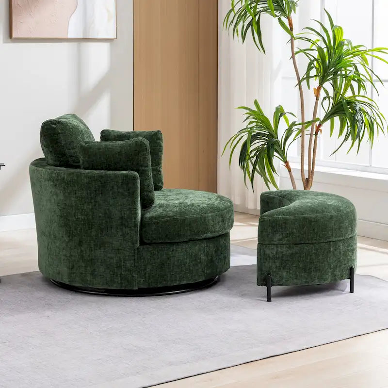 42.3 W Upholstered Swivel Accent Chair with 4 Pillows and Half-Moon Storage Ottoman