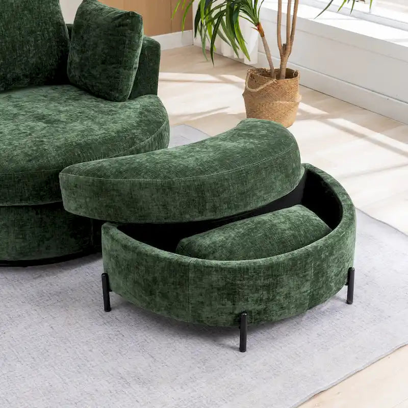 42.3 W Upholstered Swivel Accent Chair with 4 Pillows and Half-Moon Storage Ottoman