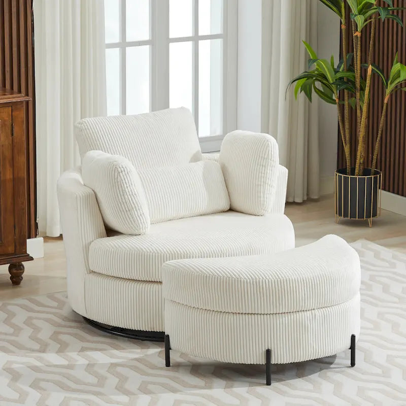 42.3 W Upholstered Swivel Accent Chair with 4 Pillows and Half-Moon Storage Ottoman