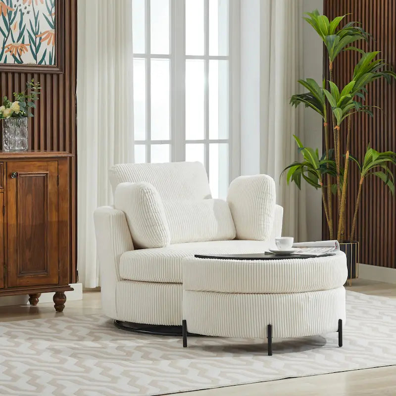 42.3 W Upholstered Swivel Accent Chair with 4 Pillows and Half-Moon Storage Ottoman