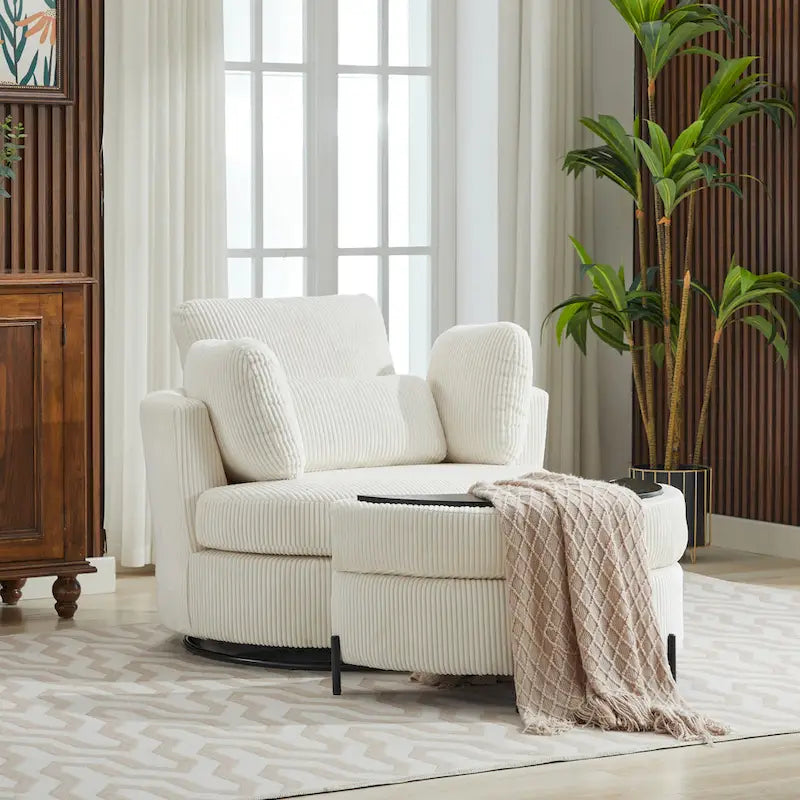 42.3 W Upholstered Swivel Accent Chair with 4 Pillows and Half-Moon Storage Ottoman