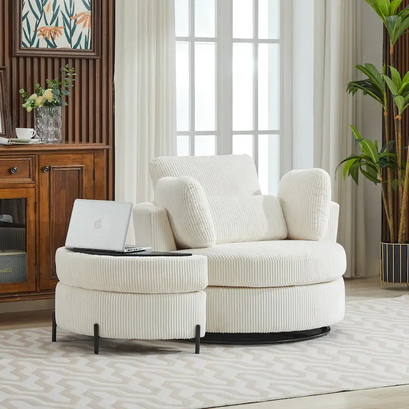 42.3 W Upholstered Swivel Accent Chair with 4 Pillows and Half-Moon Storage Ottoman