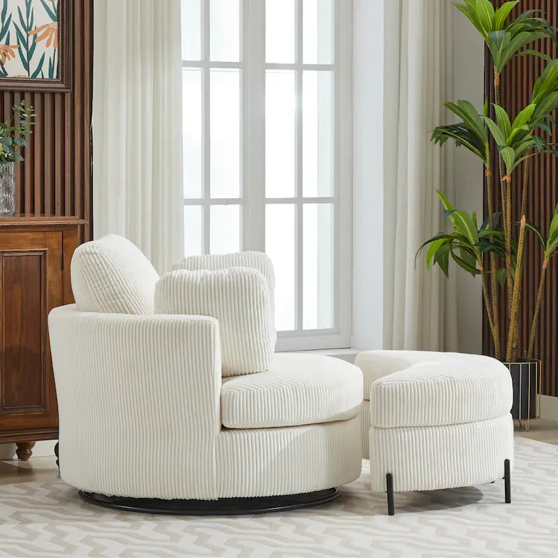 42.3 W Upholstered Swivel Accent Chair with 4 Pillows and Half-Moon Storage Ottoman