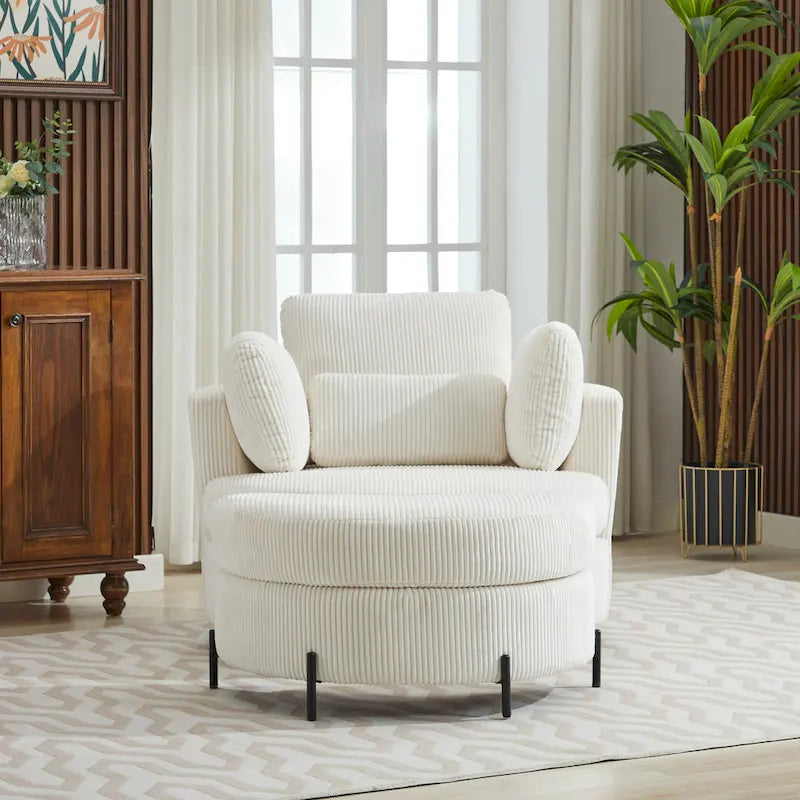 42.3 W Upholstered Swivel Accent Chair with 4 Pillows and Half-Moon Storage Ottoman