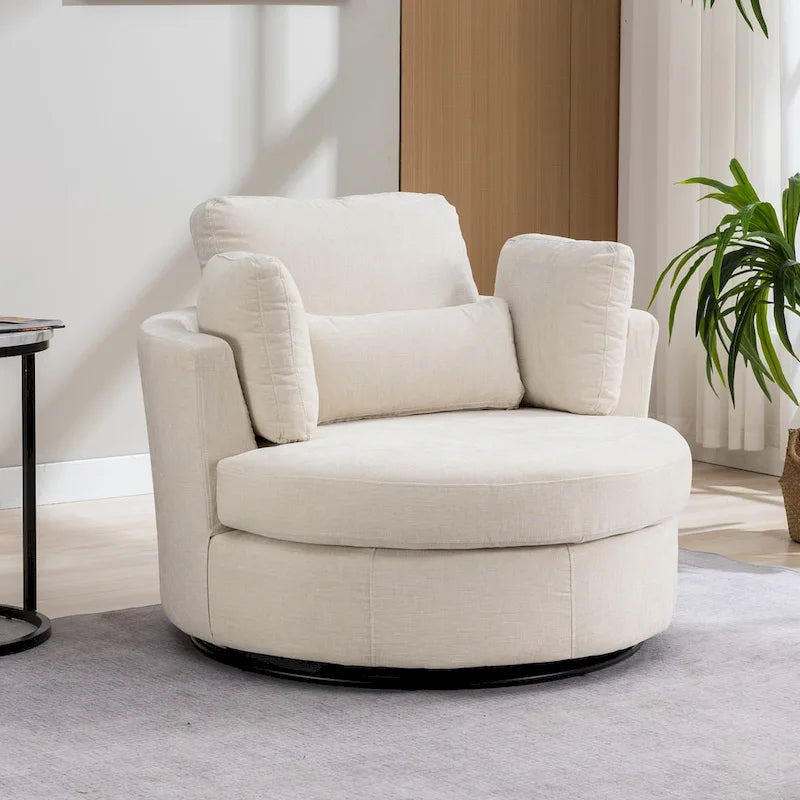42.3 W Upholstered Swivel Accent Chair with 4 Pillows and Half-Moon Storage Ottoman