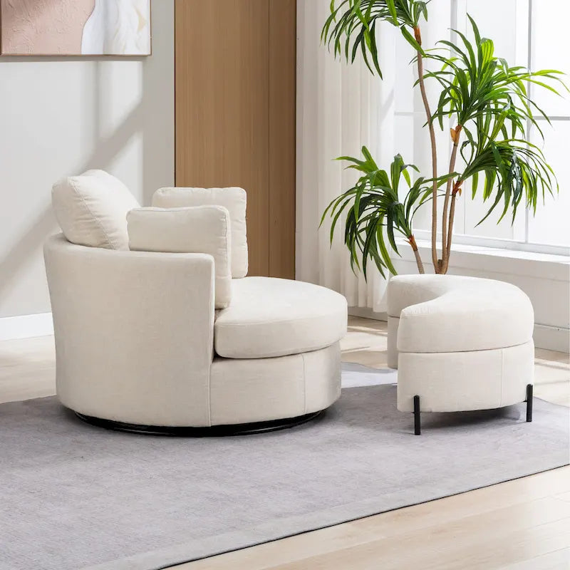 42.3 W Upholstered Swivel Accent Chair with 4 Pillows and Half-Moon Storage Ottoman