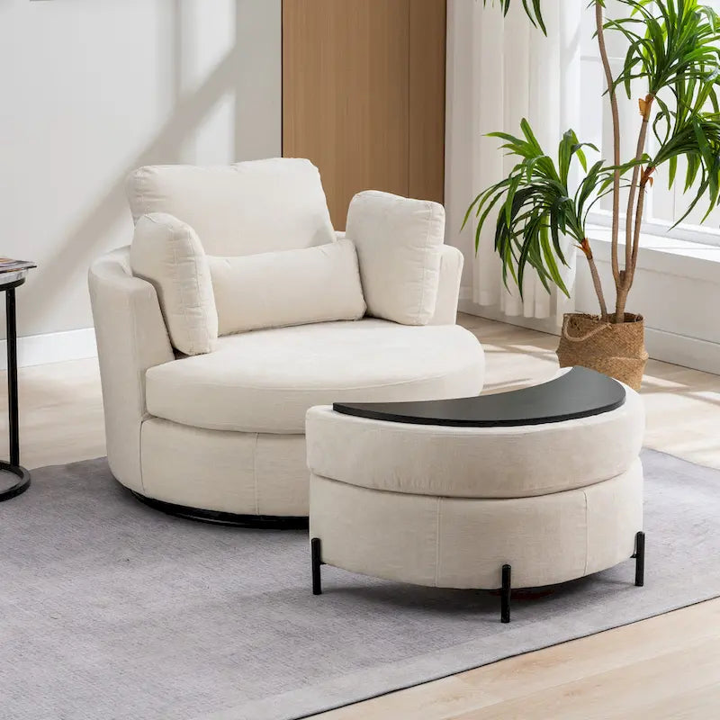 42.3 W Upholstered Swivel Accent Chair with 4 Pillows and Half-Moon Storage Ottoman