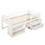 Twin Loft Bed with Storage and Drawers, Low Loft Bed Frame with 2 Shelves and 2 Drawers, No Box Spring Needed
