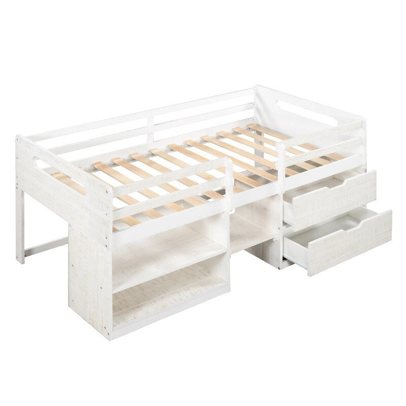 Twin Loft Bed with Storage and Drawers, Low Loft Bed Frame with 2 Shelves and 2 Drawers, No Box Spring Needed