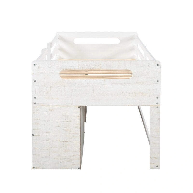 Twin Loft Bed with Storage and Drawers, Low Loft Bed Frame with 2 Shelves and 2 Drawers, No Box Spring Needed