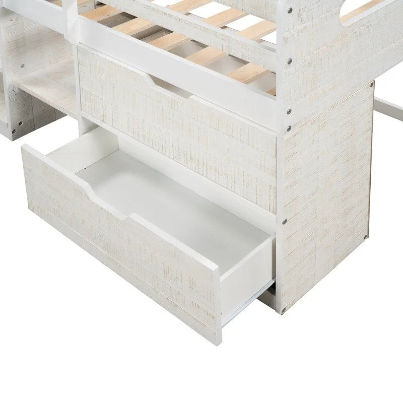 Twin Loft Bed with Storage and Drawers, Low Loft Bed Frame with 2 Shelves and 2 Drawers, No Box Spring Needed