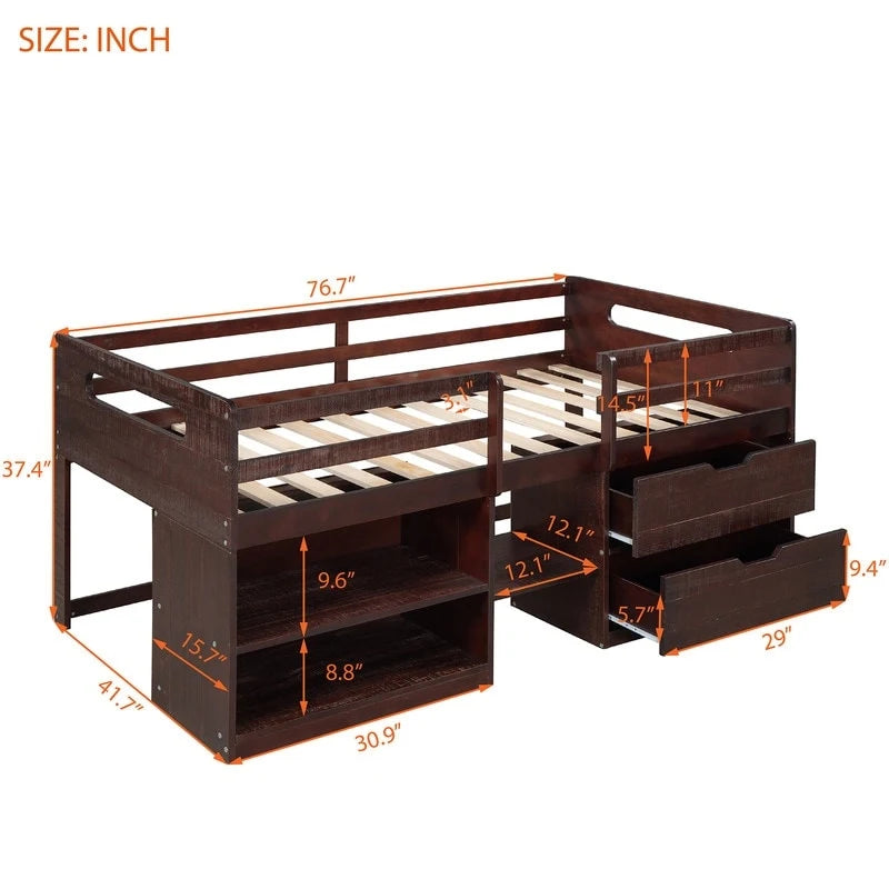 Twin Loft Bed with Storage and Drawers, Low Loft Bed Frame with 2 Shelves and 2 Drawers, No Box Spring Needed