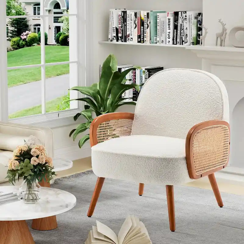 Accent Chair Armchair with Rattan Arms Upholstered Rattan Boho Accent Chair for Living Room Bedroom