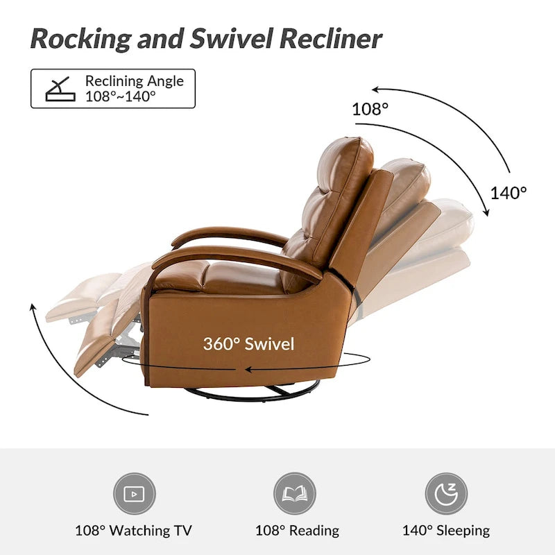 Leopold Modern Genuine Leather Swivel Rocking Manual Recliner Chair with Wooden Arm Accents by HULALA HOME