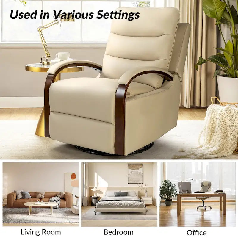 Leopold Modern Genuine Leather Swivel Rocking Manual Recliner Chair with Wooden Arm Accents by HULALA HOME