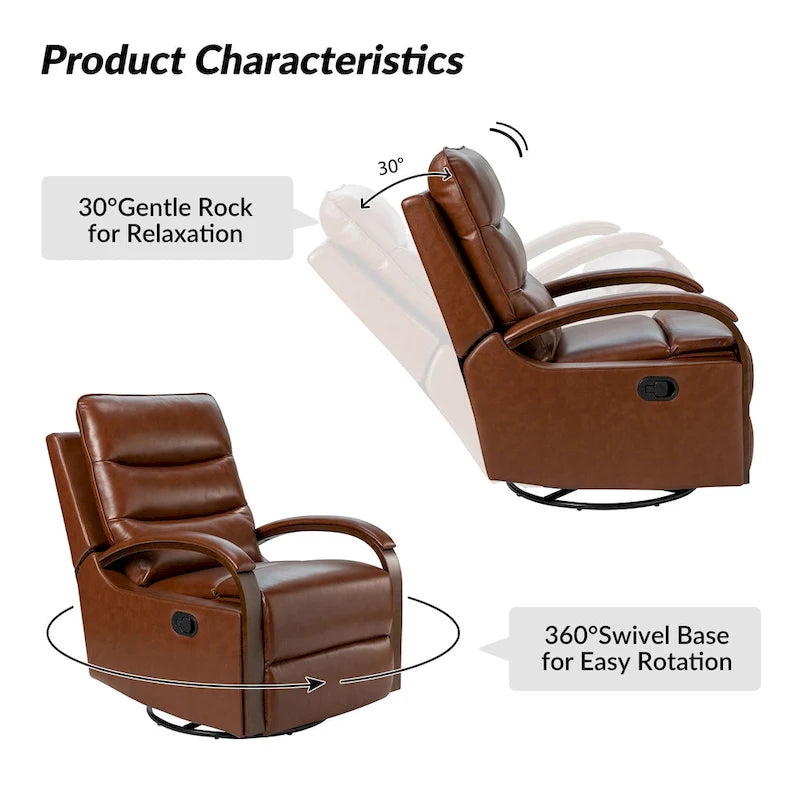 Leopold Modern Genuine Leather Swivel Rocking Manual Recliner Chair with Wooden Arm Accents by HULALA HOME