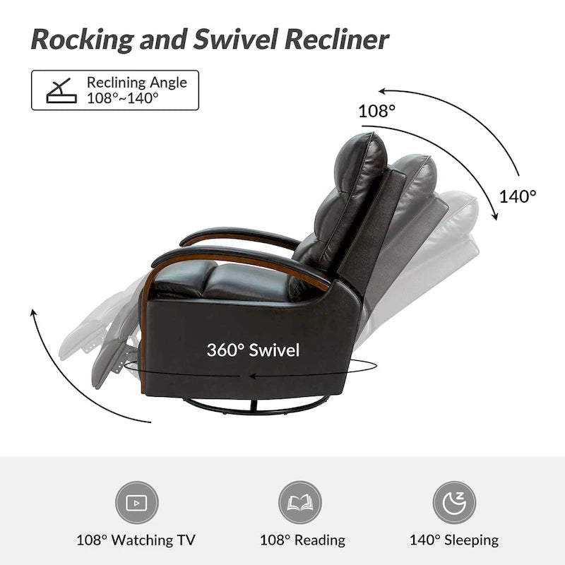 Leopold Modern Genuine Leather Swivel Rocking Manual Recliner Chair with Wooden Arm Accents by HULALA HOME