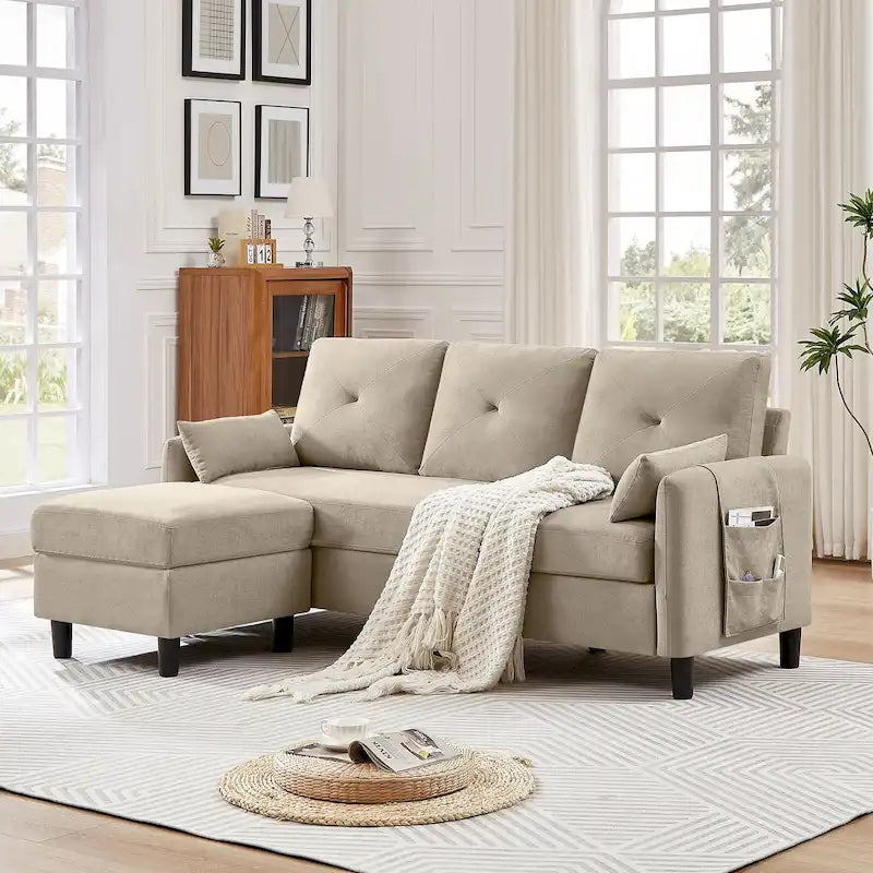 77.36 Inches Modern Sectional Sofa with Reversible Ottoman and Side Storage Pocket