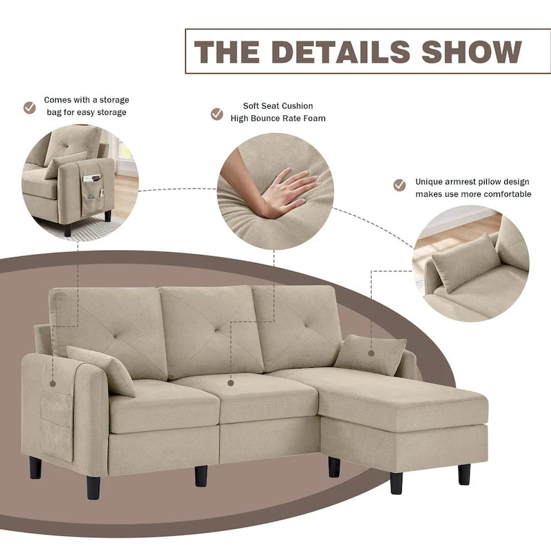 77.36 Inches Modern Sectional Sofa with Reversible Ottoman and Side Storage Pocket