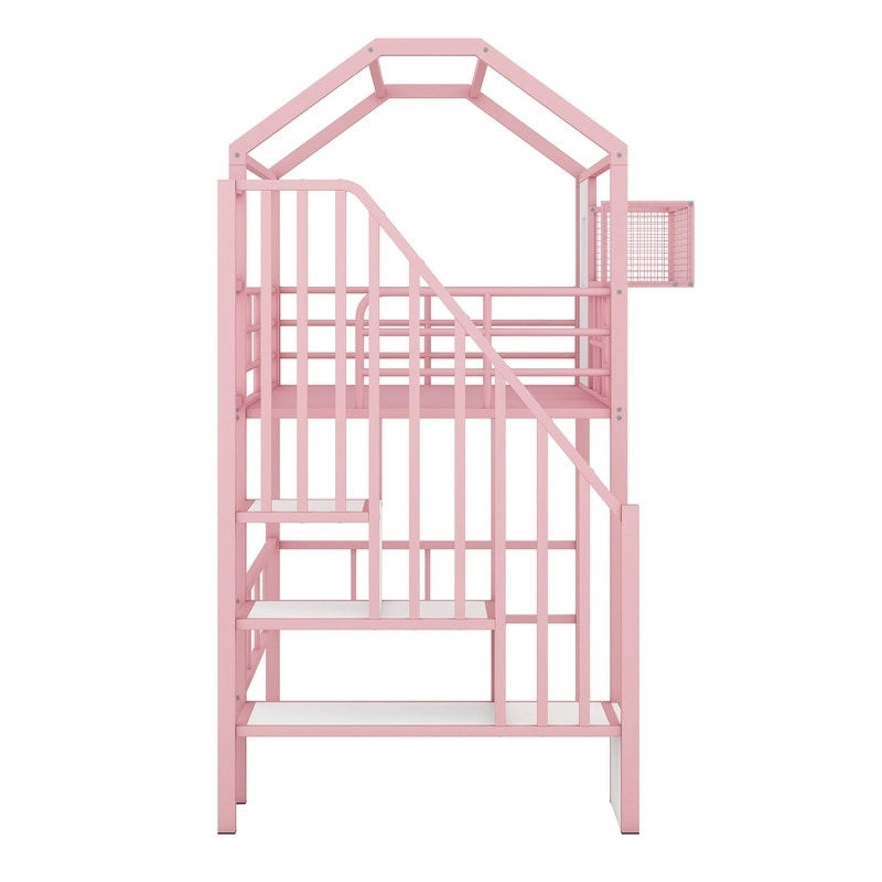 Twin Size Metal Loft Bed with roof design and a storage box