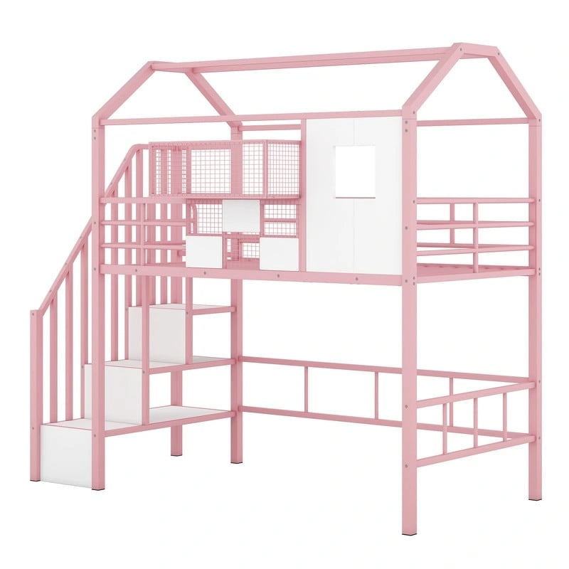 Twin Size Metal Loft Bed with roof design and a storage box
