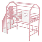 Twin Size Metal Loft Bed with roof design and a storage box