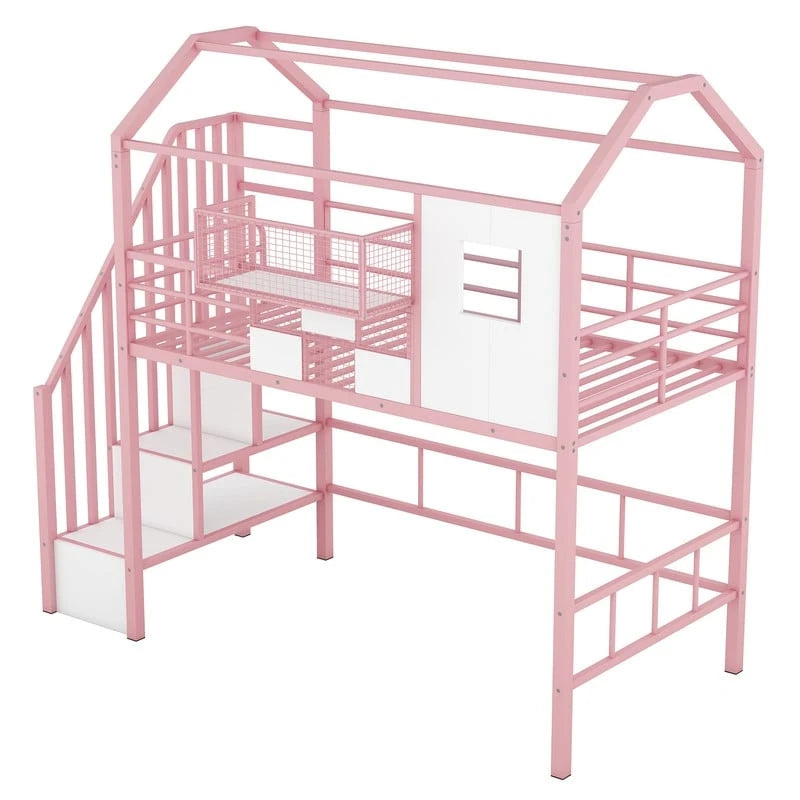 Twin Size Metal Loft Bed with roof design and a storage box