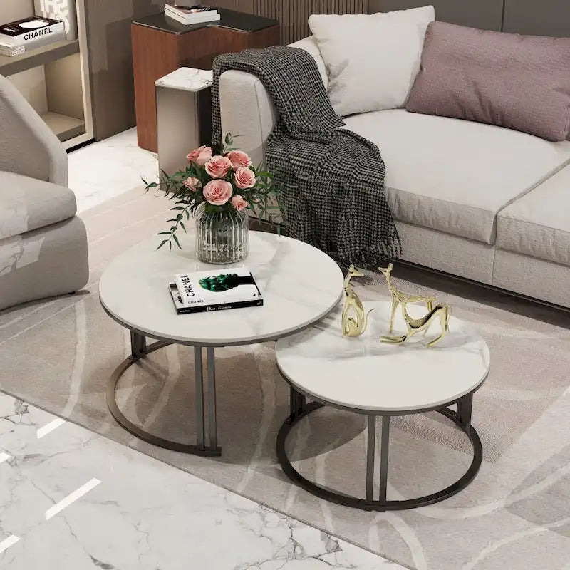 Round Sofa Nesting Coffee Table Sintered Stone Set of 2