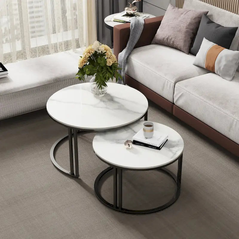 Round Sofa Nesting Coffee Table Sintered Stone Set of 2