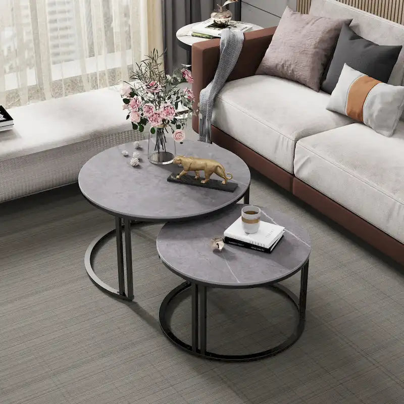 Round Sofa Nesting Coffee Table Sintered Stone Set of 2