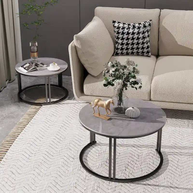 Round Sofa Nesting Coffee Table Sintered Stone Set of 2