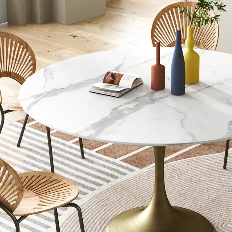 JASIWAY Modern Faux Marble Top Iron Pedestal Dining Table
