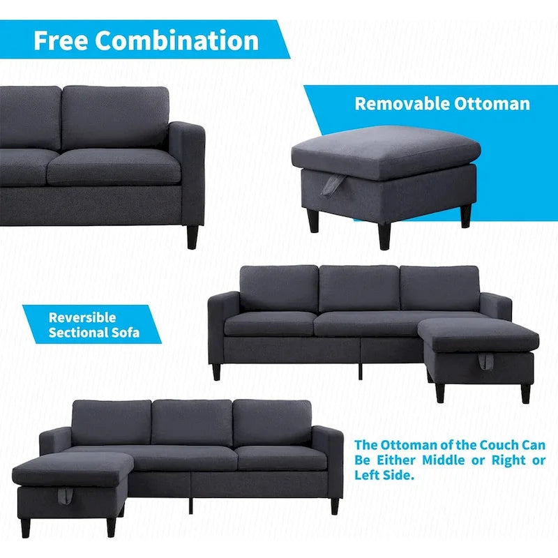 Mixoy Convertible L-Shaped Sectional 3-Seat Sofa with Storage Ottoman,Reversible Chaise - 85.83in x 27.95in x 30.71in