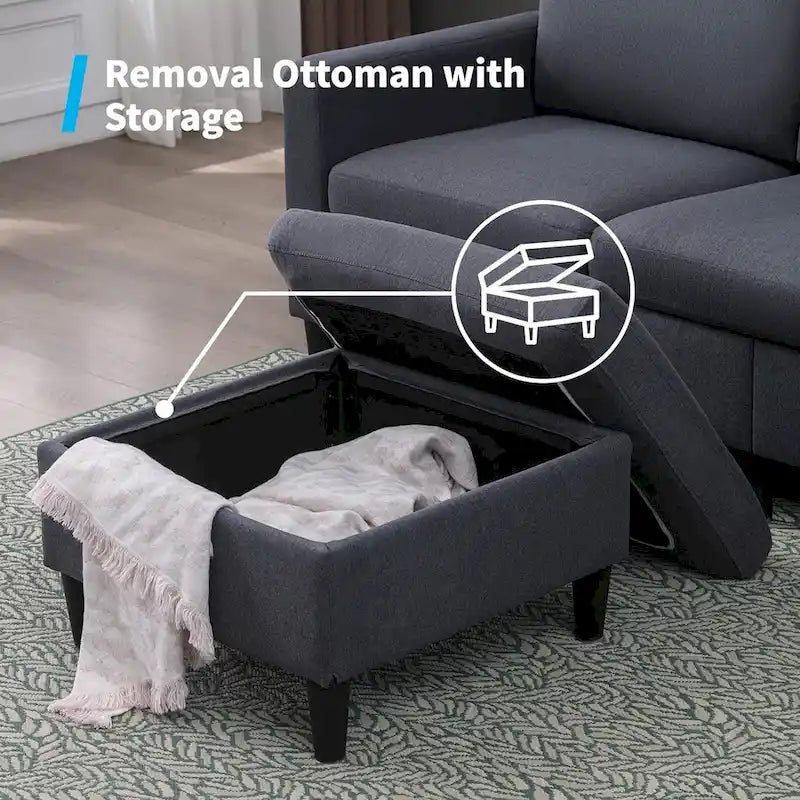 Mixoy Convertible L-Shaped Sectional 3-Seat Sofa with Storage Ottoman,Reversible Chaise - 85.83in x 27.95in x 30.71in